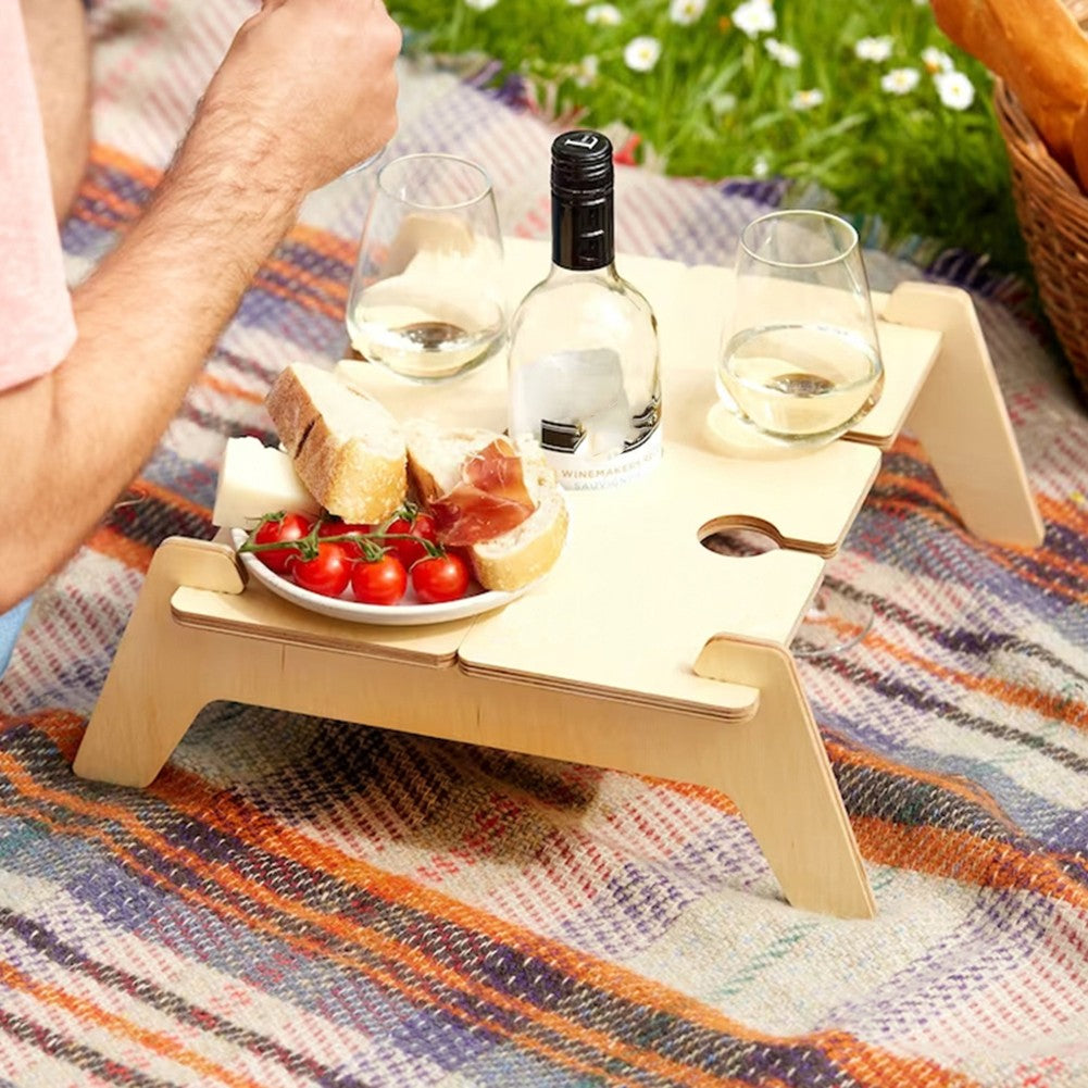 Portable Picnic Table Wooden Foldable Champagne Snack Cheese Tray Indoor/Outdoor