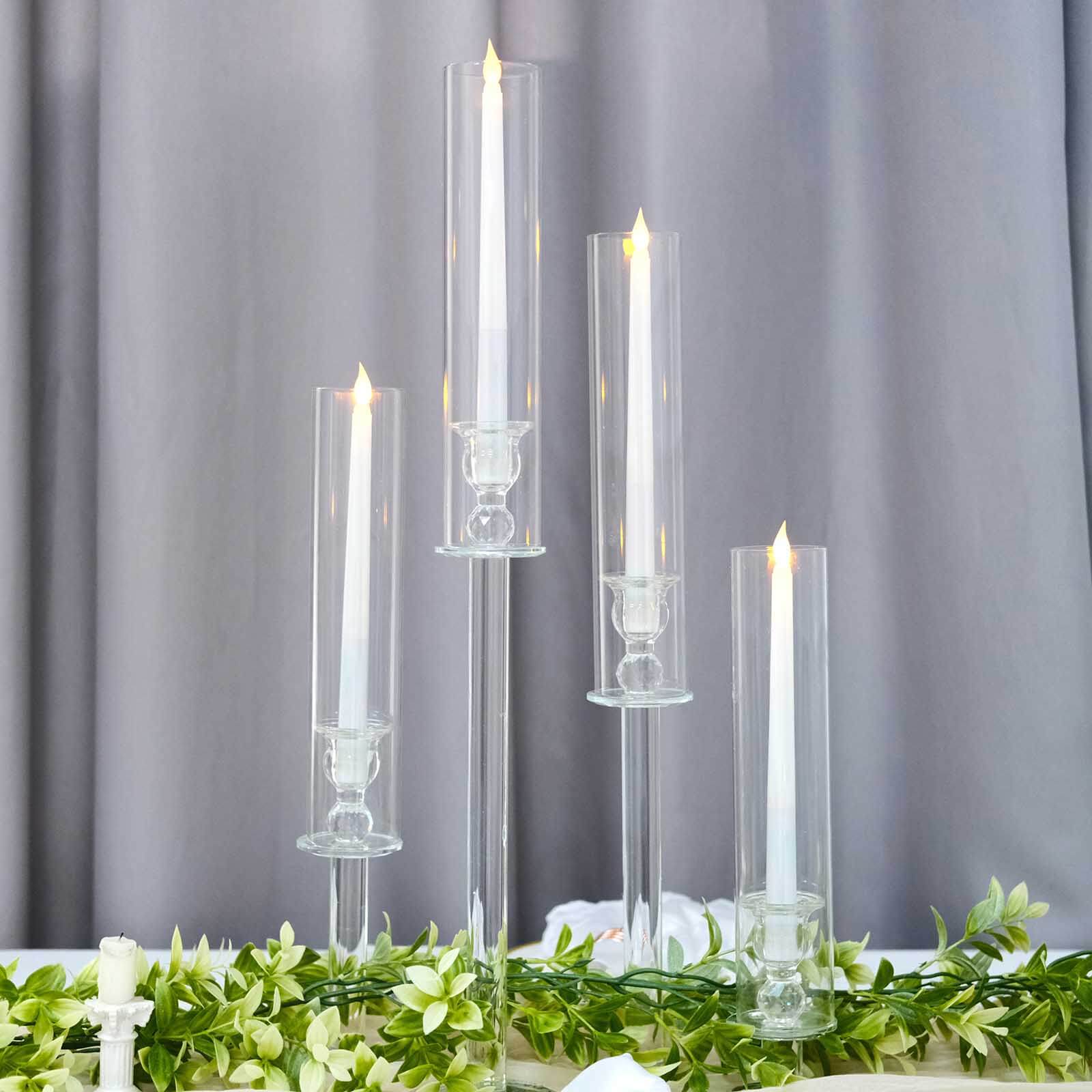 Set of 4 Clear Crystal Glass Hurricane Taper Candle Holders With Tall Cylinder Chimney Tubes 14