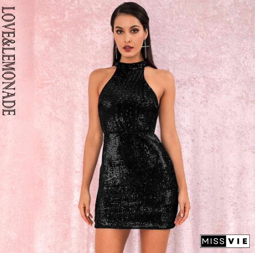 Love&Lemonade Rose Gold Sexy Open Back Halter Dry Shoulder Slim Elastic Sequin Mini Party Dress Lm80492Mini