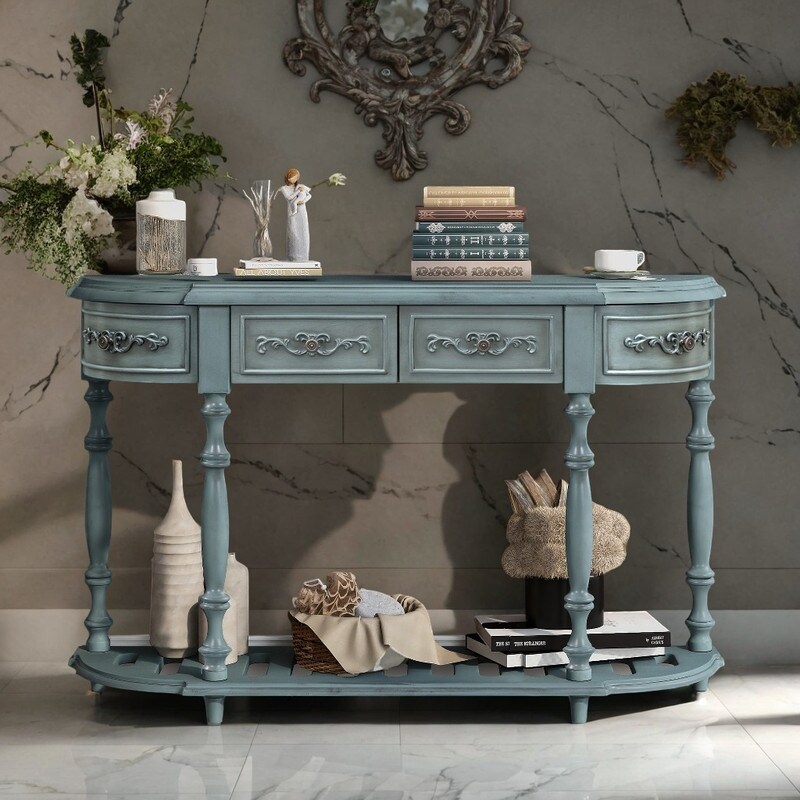 52'' Contemporary Curved Console Table with 4 Drawers  Modern Sofa Table with 1 Shelf for Living Room  Antique Blue