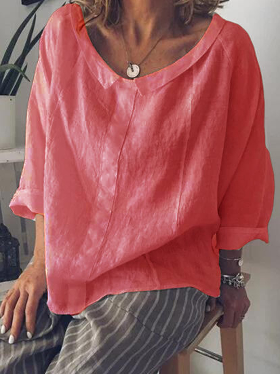 Loose Solid Color Crew Neck Long Sleeve Blouse