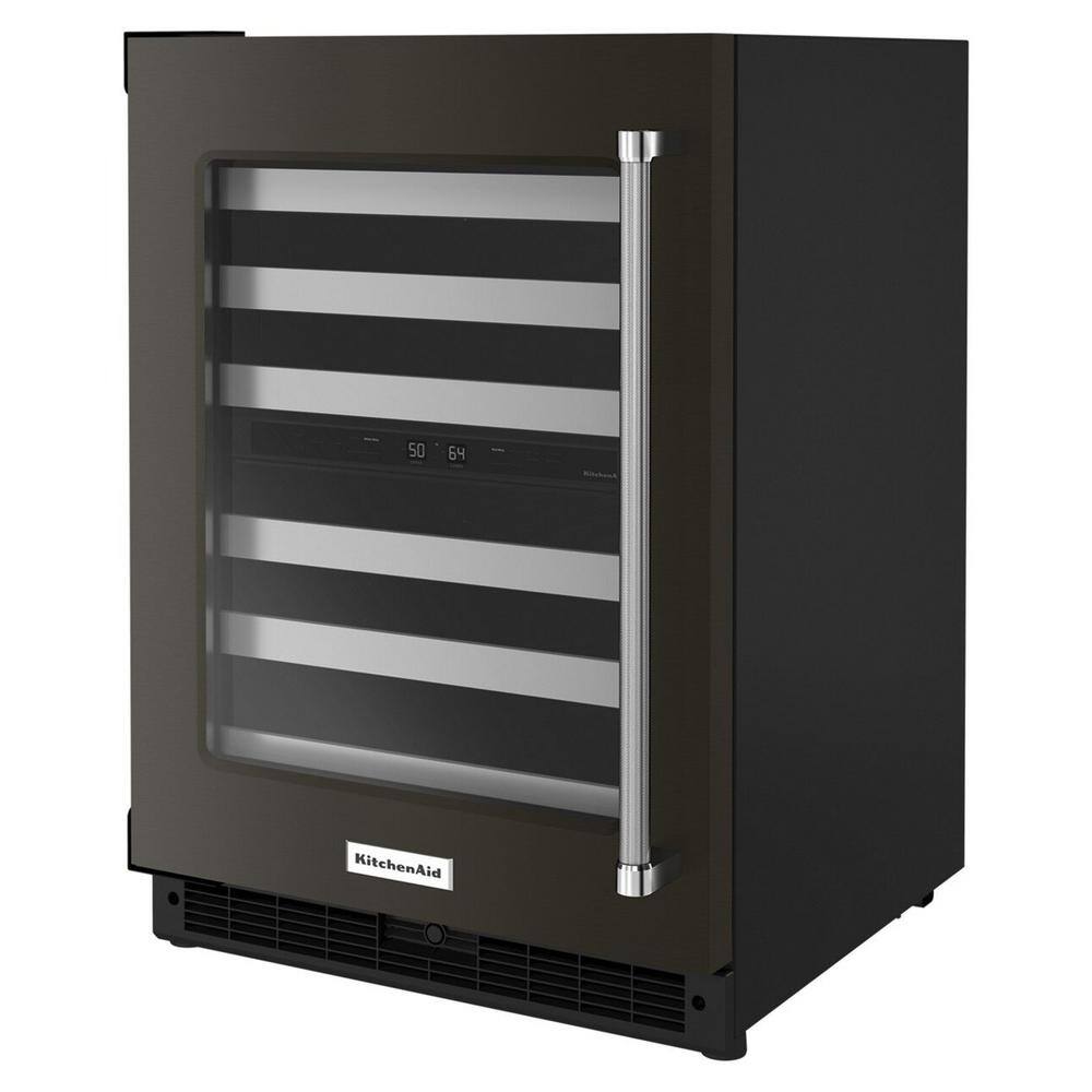 KitchenAid 24 in. Dual Zone 46-Bottle Built-In Undercounter Wine Cooler in Black Stainless KUWL314KBS