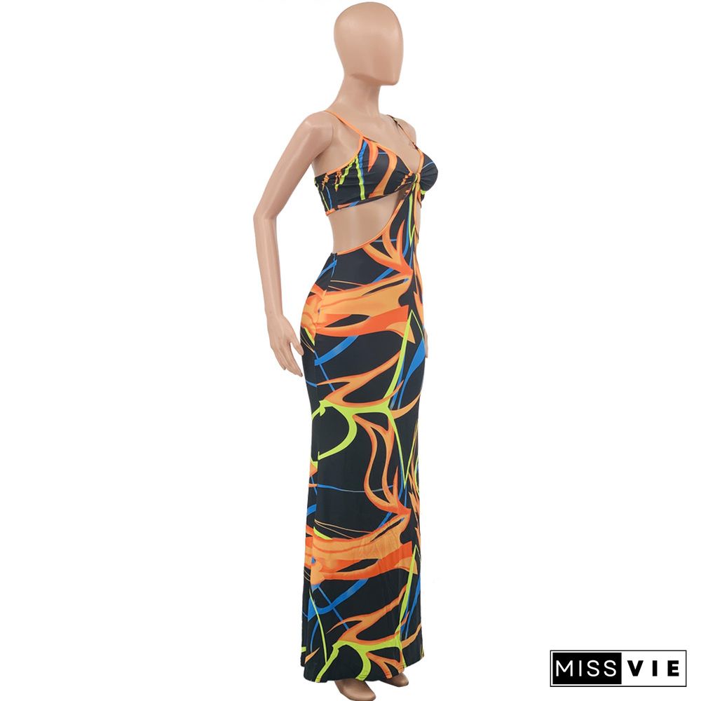 Sexy Tie Dye Sleeveless Spaghetti Straps V-Neck Hollow Out Stretchy Streetwear Bodycon Maxi Dresses