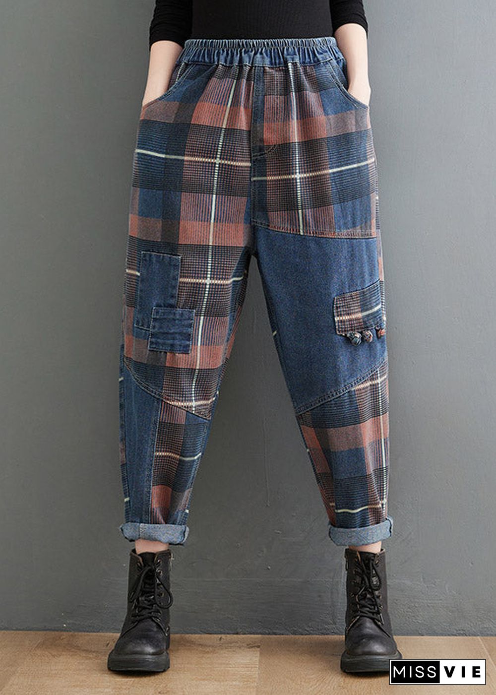 Style Blue Plaid Pockets elastic waist Patchwork Denim Pants Spring