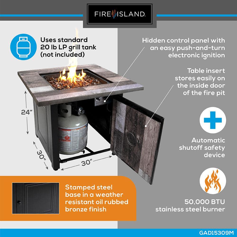 FIRE ISLAND 30 in W x 246 in H Square Steel UV Printed Propane Rustic Wood Oil Rubbed Bronze Look Fire Pit Base 50K BTU Burner