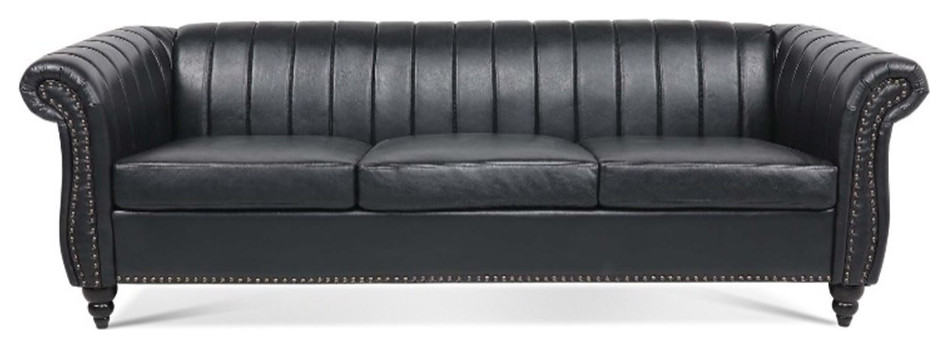 CRO Decor 84  x27 x27W Rolled Arm Chesterfield Three Seater Leather Sofa in Black   Traditional   Sofas   by Homesquare  Houzz