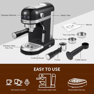 Edendirect 1350-Watt 2-Cup Black Espresso Machine 20-Bar Compact Coffee Maker with Milk Frother Steam Wand and 1.4 l Water Tank GBKXYGCF20D