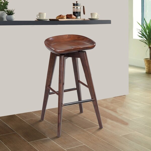 Contoured Seat Wooden Frame Swivel Barstool with Angled Legs， Dark Brown