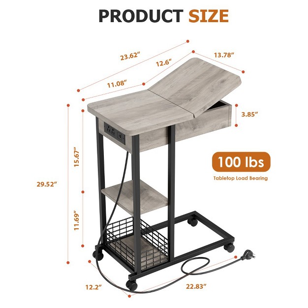 Trinity C Shaped End Table With Charging Station Flip Top Sofa Side Table With Usb Ports And Outlets Gray