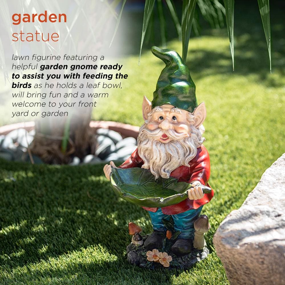 Alpine Corporation 16 in. Tall Outdoor Garden Gnome and Bird Feeder Yard Statue Decoration WAC208