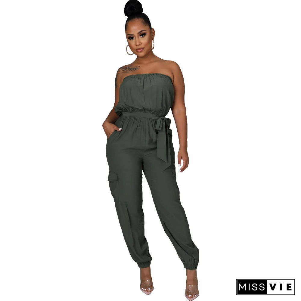 Strapless Lace Up Belts Pockets Overalls Jumpsuits