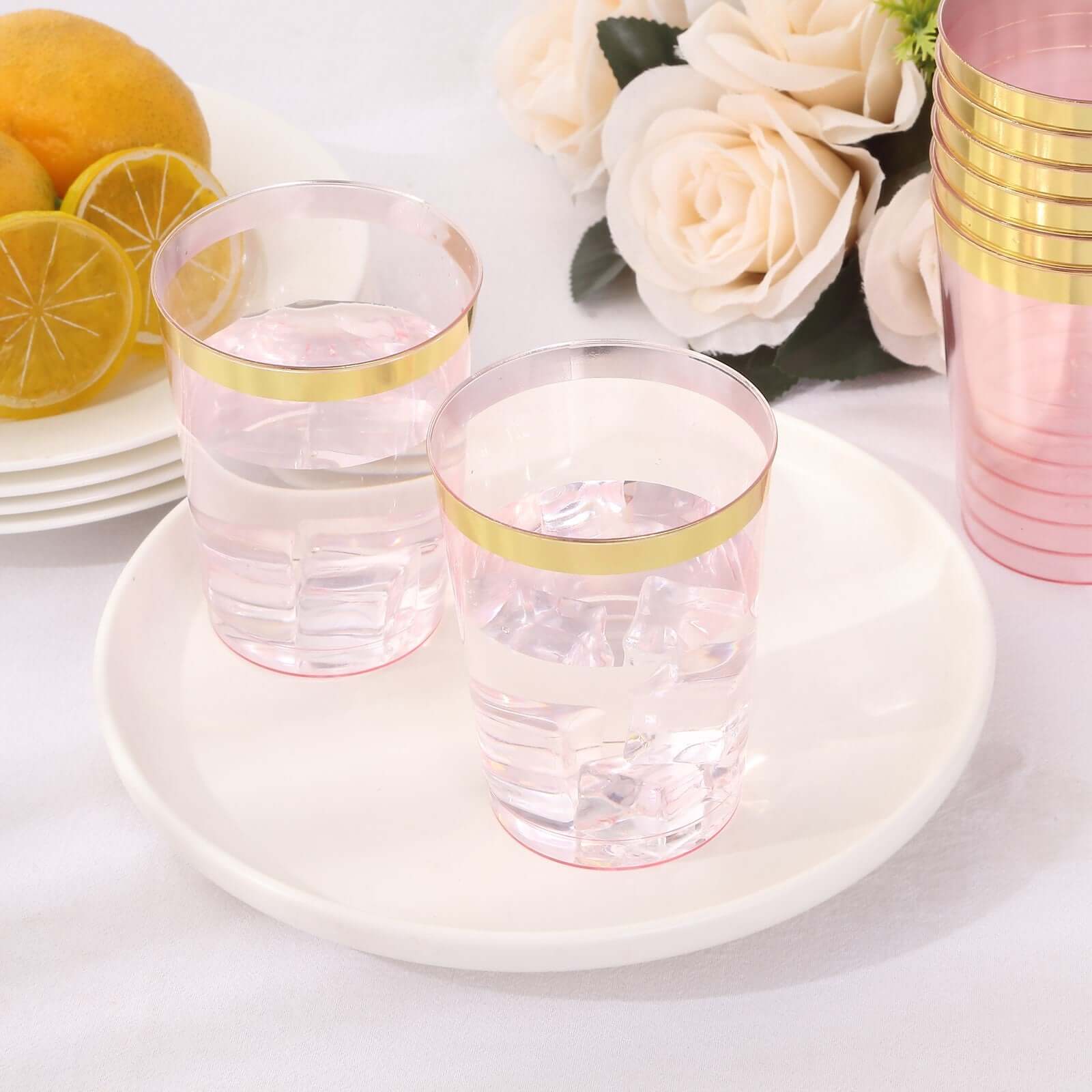 25 Pack Transparent Blush Crystal Plastic Tumbler Drink Glasses With Gold Rim, Disposable Party Cups 10oz