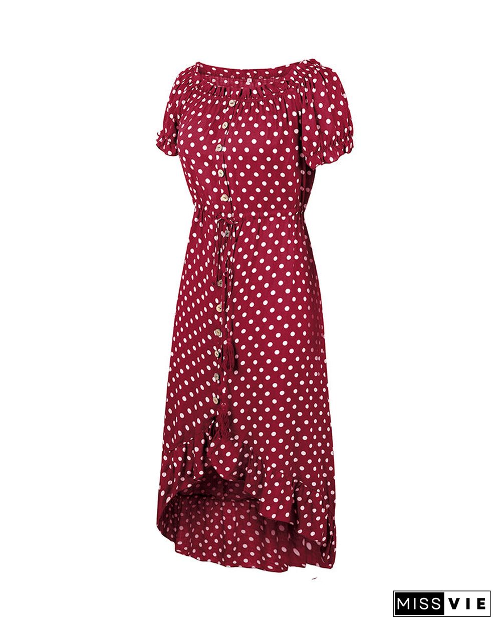 Off Shoulder Polka Dot Button Down Maxi Dress