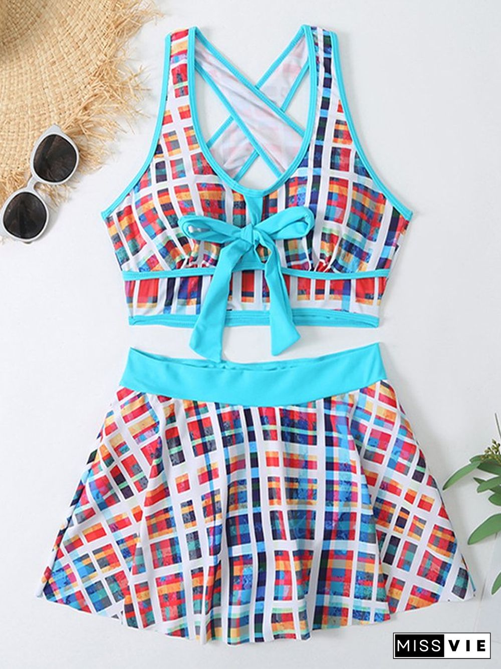 Women's Plaid Print Sexy Bikini Culottes Swimsuit