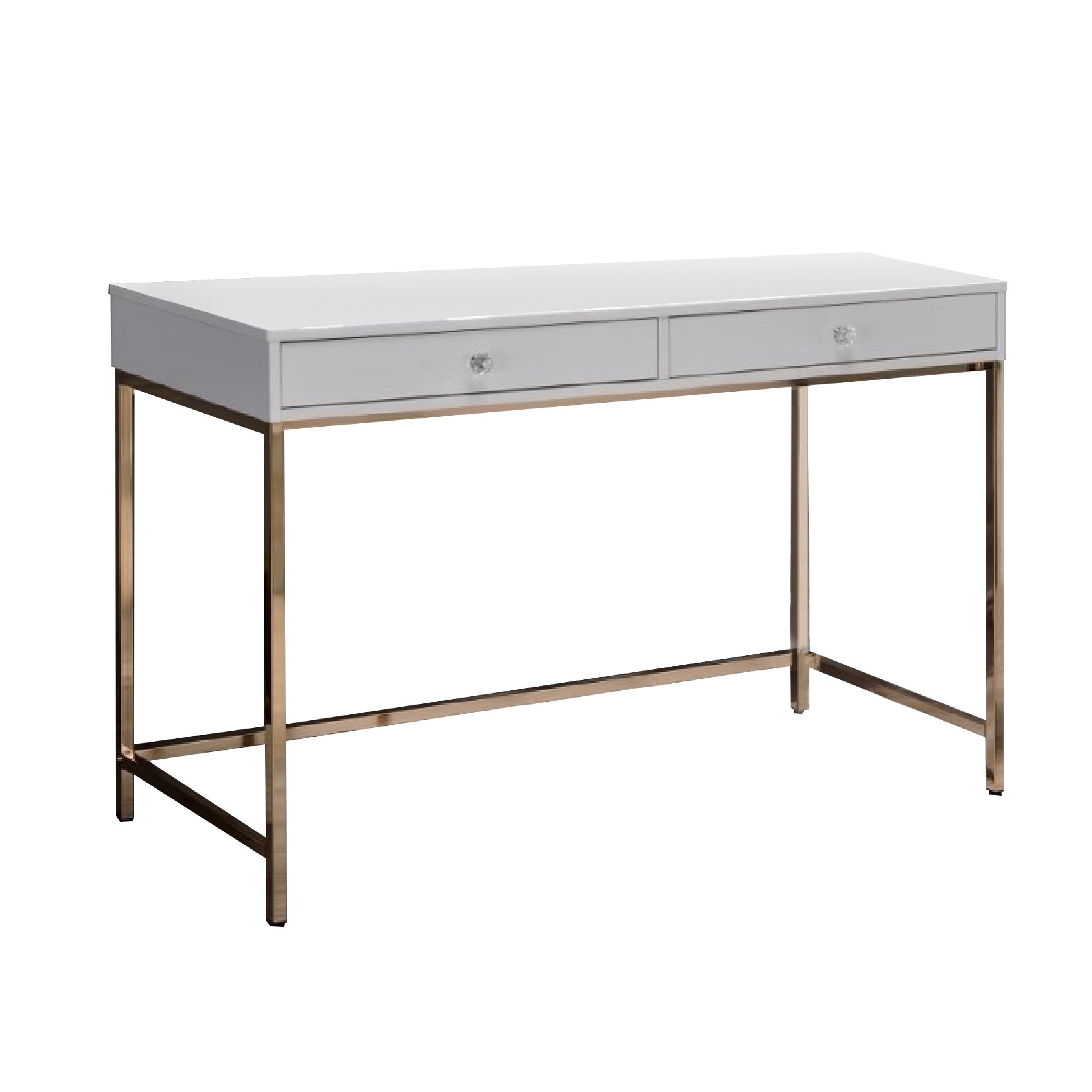 47 Inch Desk Console Table， 2 Drawers， Metal Frame， White， Gold