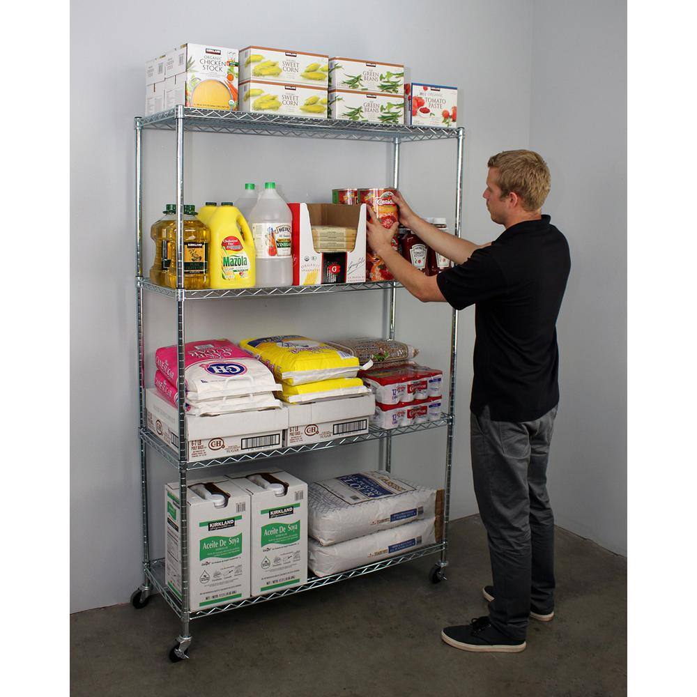 SafeRacks 72 in. H x 48 in. W x 18 in. D NSF 4-Tier Wire Chrome Shelving Rack with Wheels WS-481872-ZW4