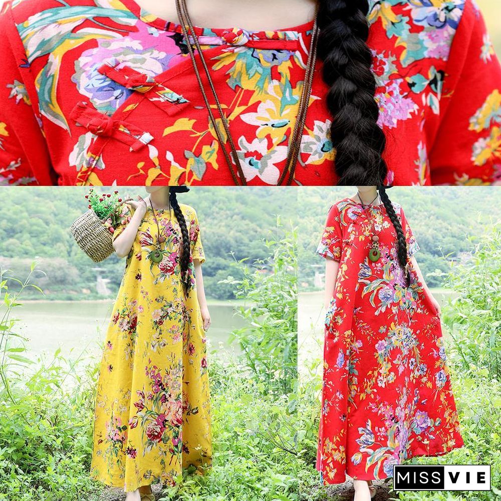 Simple o neck cotton Wardrobes Sewing red prints Traveling Dresses summer