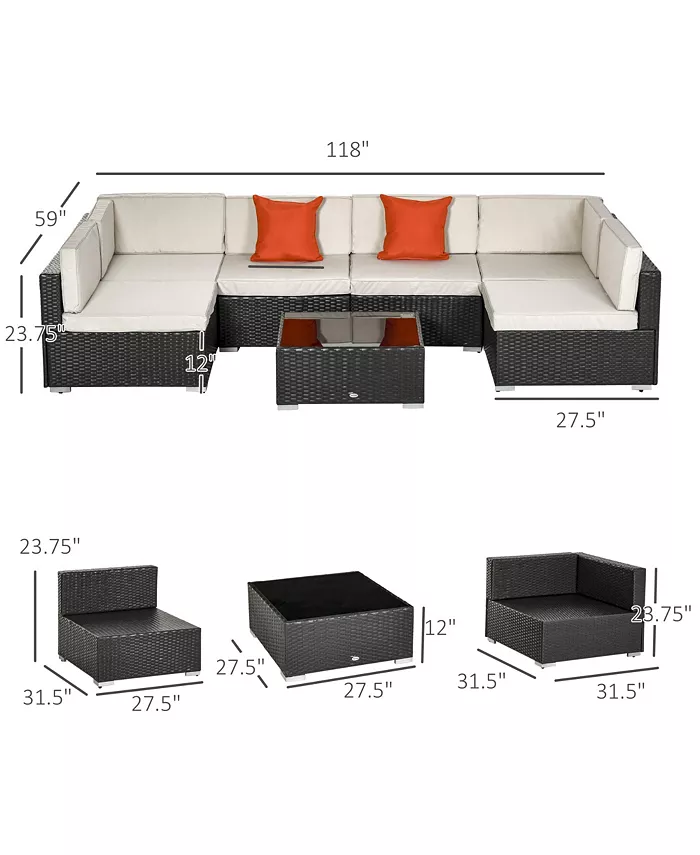 Outsunny 7 Piece Outdoor Patio Conversation Wicker Sofa Set with 6 Cushioned Sectionals and 1 Glass-Topped Coffee Table