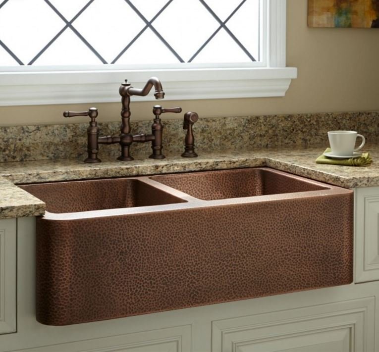 36 DOUBLE-BOWL HAMMERED COPPER FARMHOUSE KITCHEN SINK