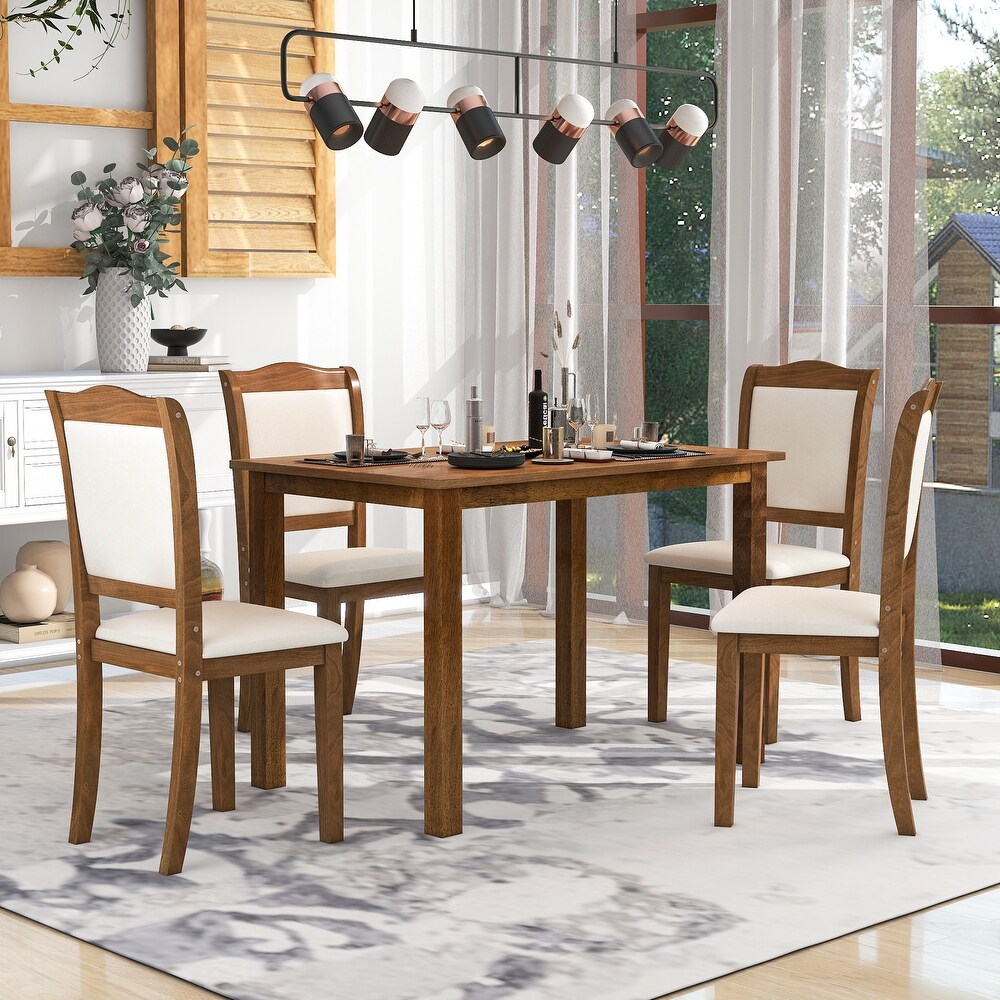 5 piece Wood Extendable Kitchen Table Set  with Round Dining Table   4 Upholstered Chairs with Heavy Pedestal   Adjustable Feet