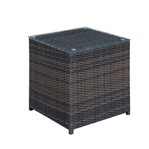 Square Faux Rattan and Aluminum End Table with Glass Top， Brown