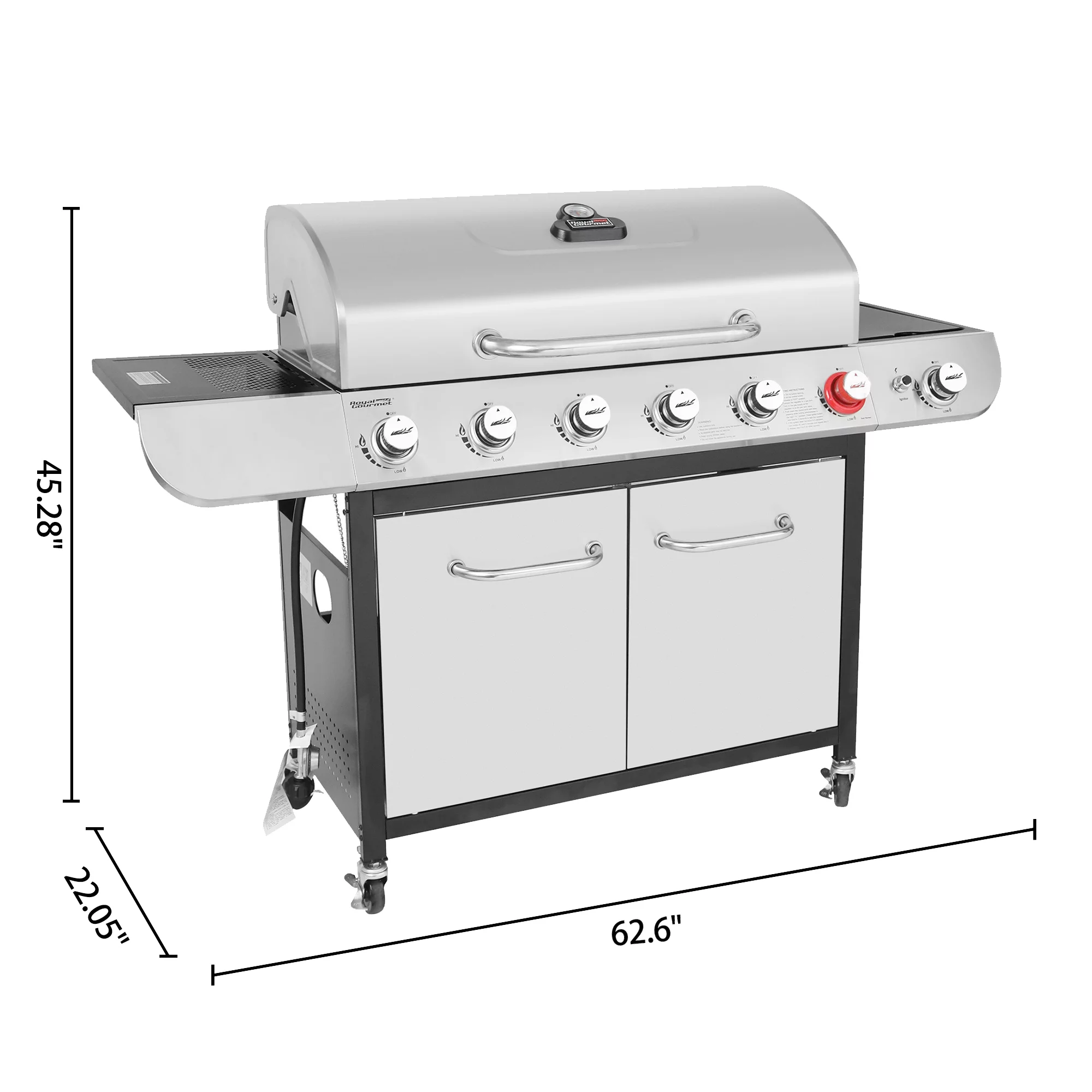 Royal Gourmet SG6002 Classic 6-Burner 71000-BTU LP Gas Grill with Sear Burner and Side Burner， Stainless Steel