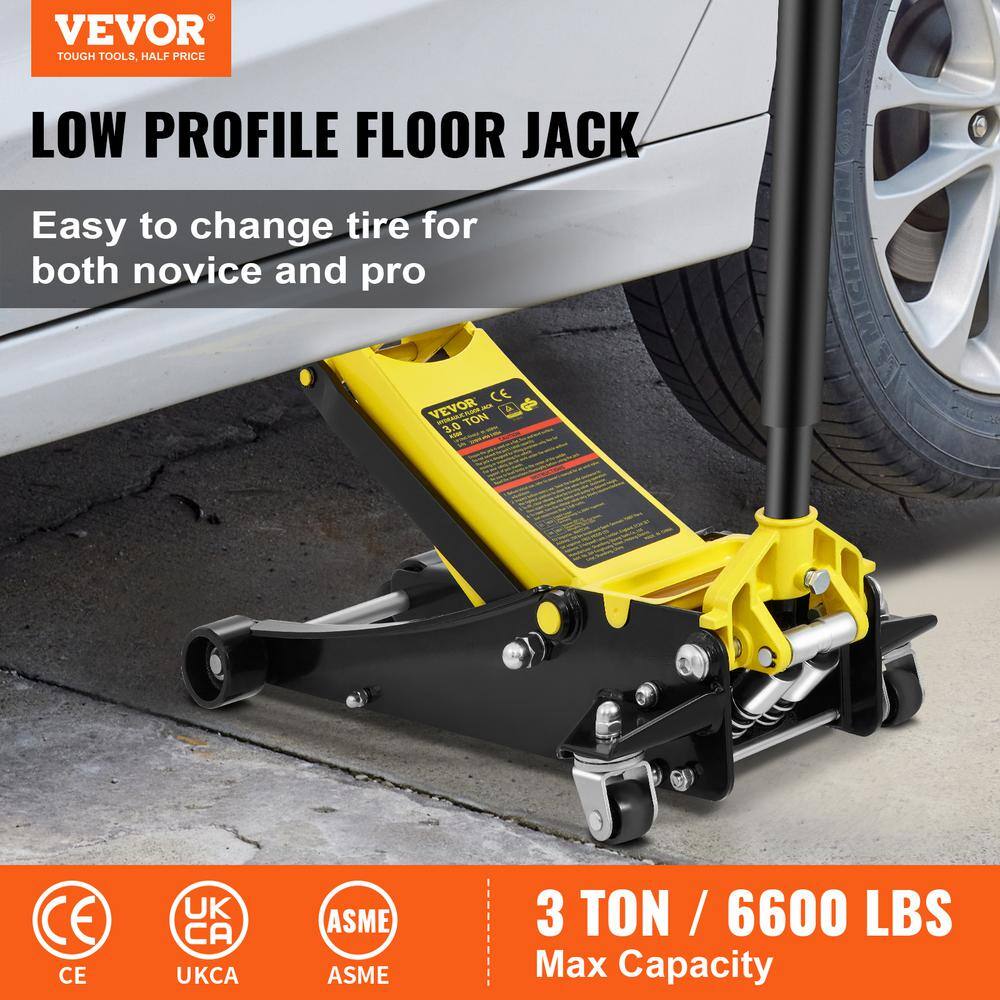 VEVOR 3-Ton 6600 lbs. Floor Jack Low Profile Racing Floor Jack with Dual Pistons Quick Lift Pump Lifting 3.35 in. to 19.69 in. SGWSQJDTSGK3TUZ4UV0