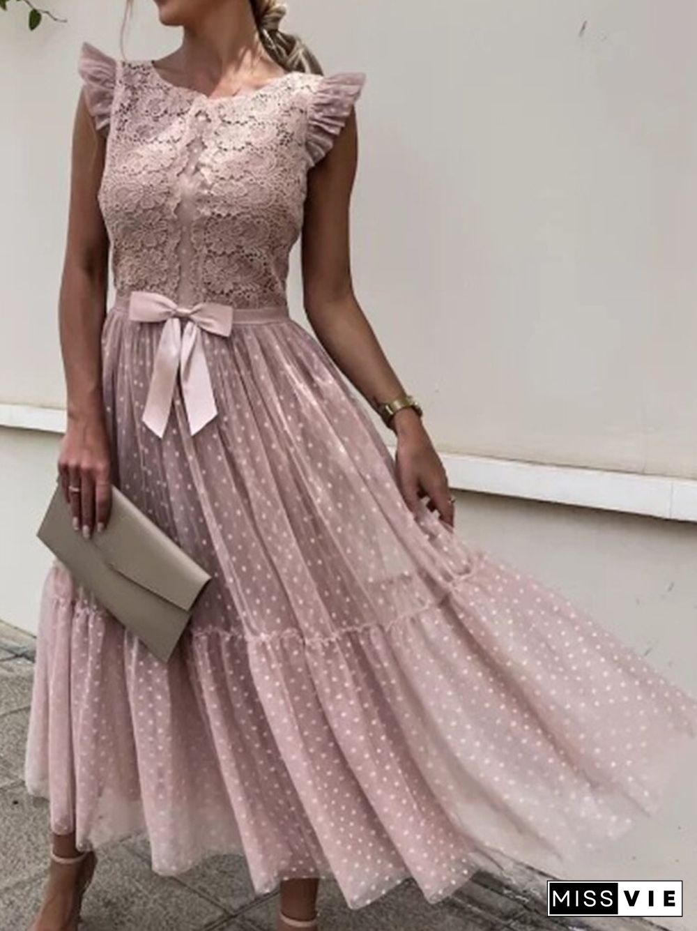 Elegant Solid Color Lace O Neck Party Dress Ladies Fashion Mesh Panel Sleeveless Long Dresses Women Retro Bow Slim Sweet Dress