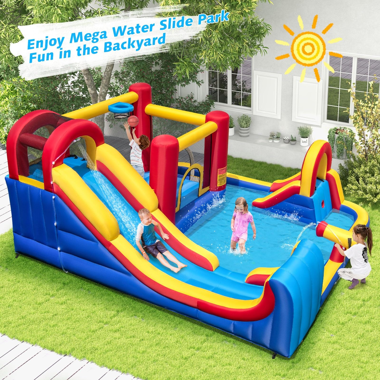 BOUNTECH Inflatable Water Slide, 7 in 1 Mega Waterslide Park Bounce House for Outdoor Fun w/Long Slide