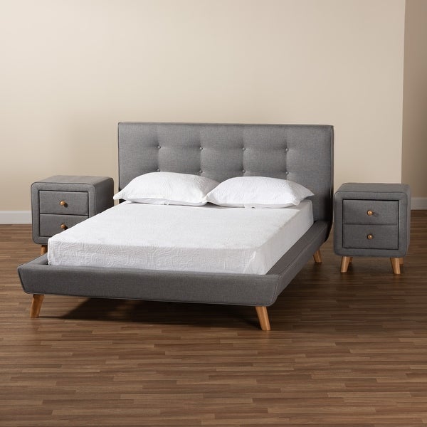 Jonesy Mid-Century Modern and Transitional 3-Piece Bedroom Set with Grey Fabric Upholstered bed - - 36356197