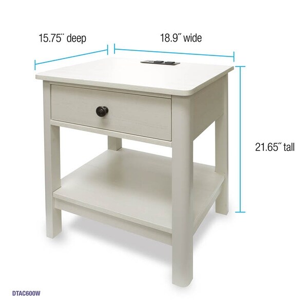 Traditional Rectangular End Table with AC Power and USB Charging Ports， White