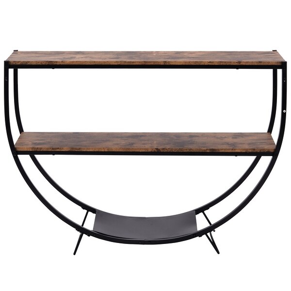 Demilune Shape Textured Metal Distressed Wood Console Table