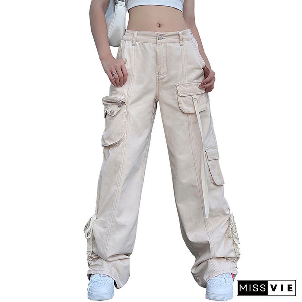 Cargo Jeans Y2k Aesthetic Fairy Grunge Low Waist Baggy Trousers With Multi Pockets Solid Color Harajuku Denim Pants