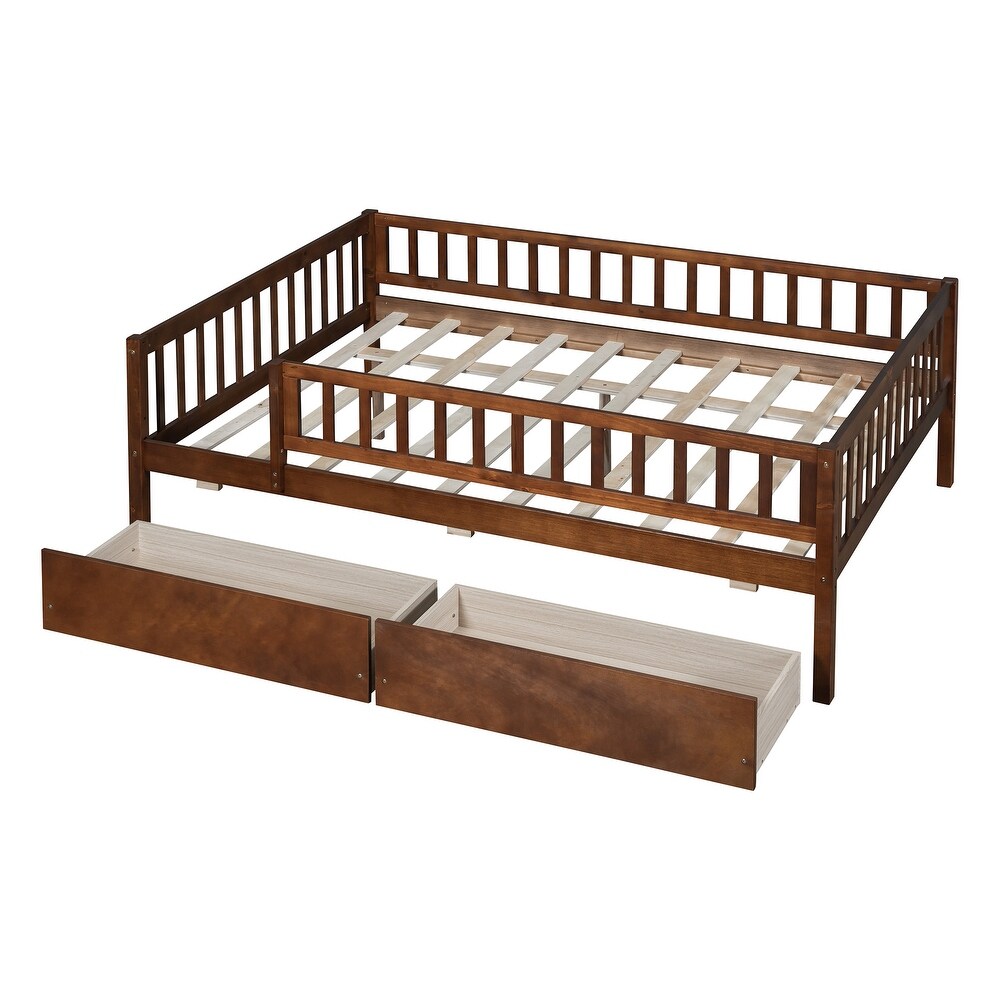 Full Size Daybed with 2 Drawers and Fence Guardrails  Sturdy Pine Wood Sofa Bedframe for Maximized Space and Comfort  Walnut