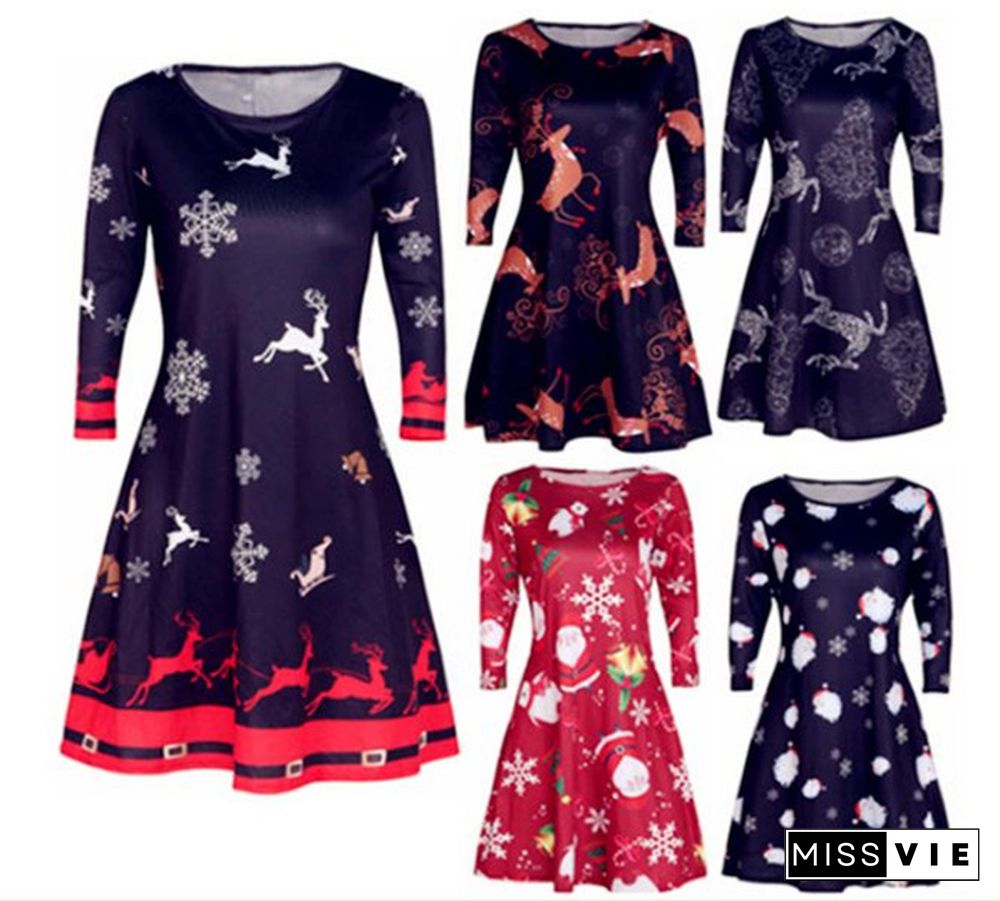 5 Colors Women's Santa Claus Elk Snowman Christmas Tree Printed Dress Casual Longs Sleeve Tunic Dress Xmas Skirt