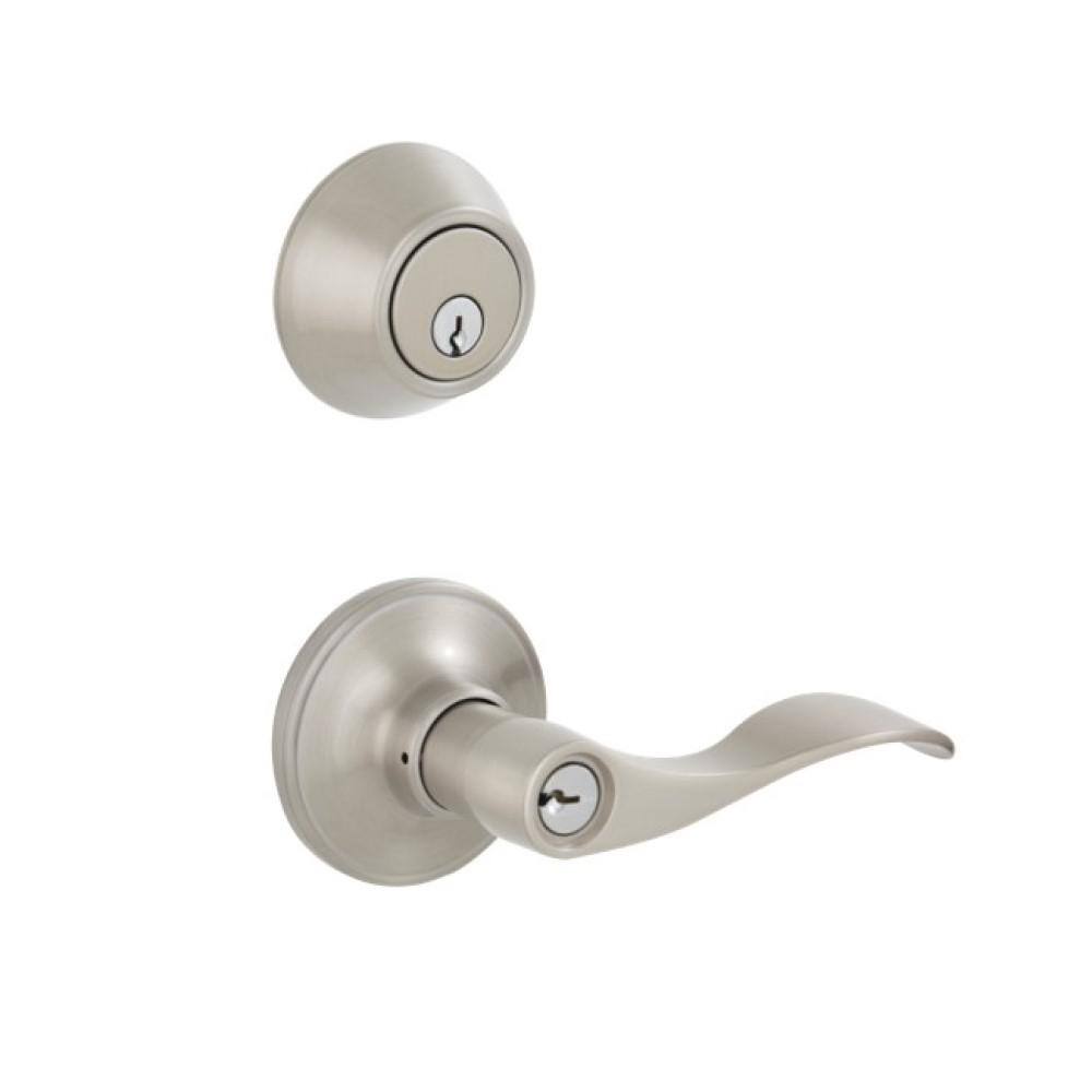 ESSENTIALS by Schlage Millstreet Satin Nickel Single Cylinder Deadbolt and Keyed Entry Door Handle Combo Pack VC60 V MST 619