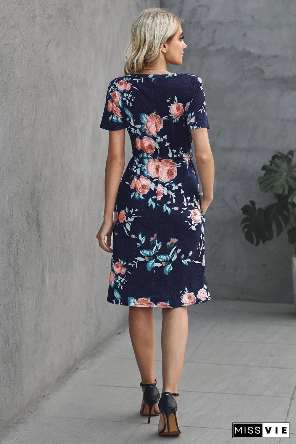 Blue Short Sleeve Pocketed Drawstring Casual Floral Dress