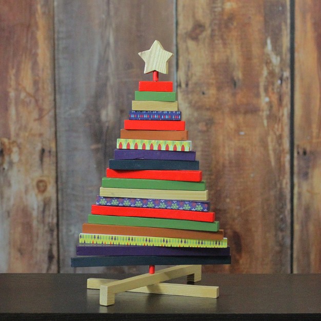 Beige And Red Adjustable Wooden Christmas Tree Tabletop Decor