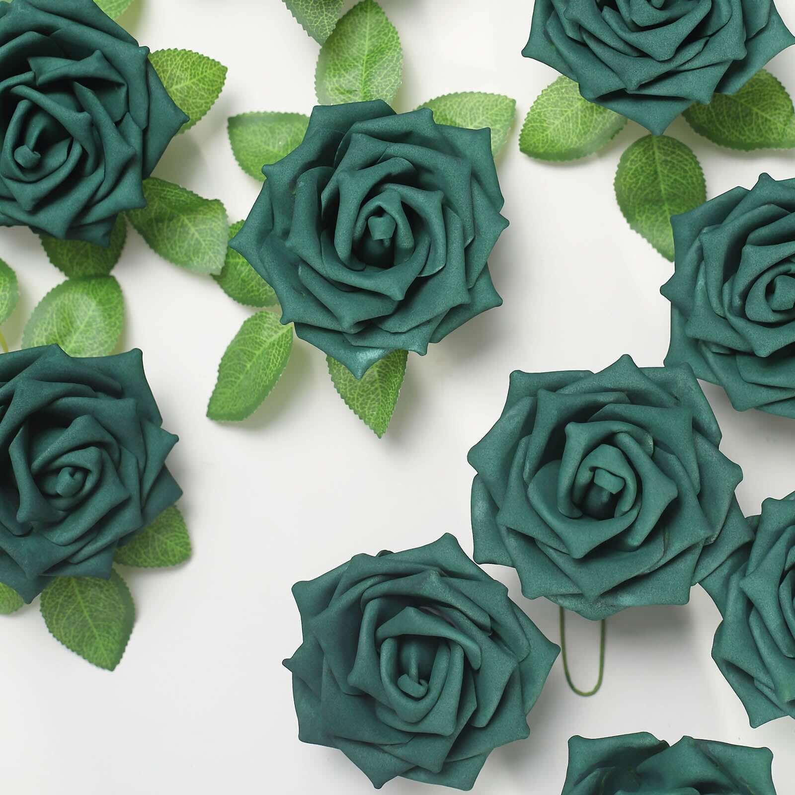 24 Roses Hunter Emerald Green Artificial Foam Flowers With Stem Wire and Leaves 5