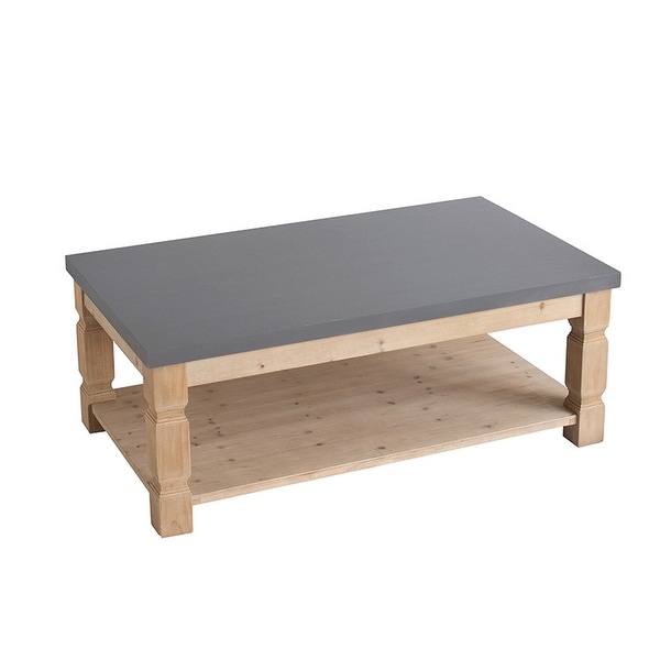 48 Inch Coffee Table， Rectangular， Concrete Top， Wood Frame， Rustic， Gray