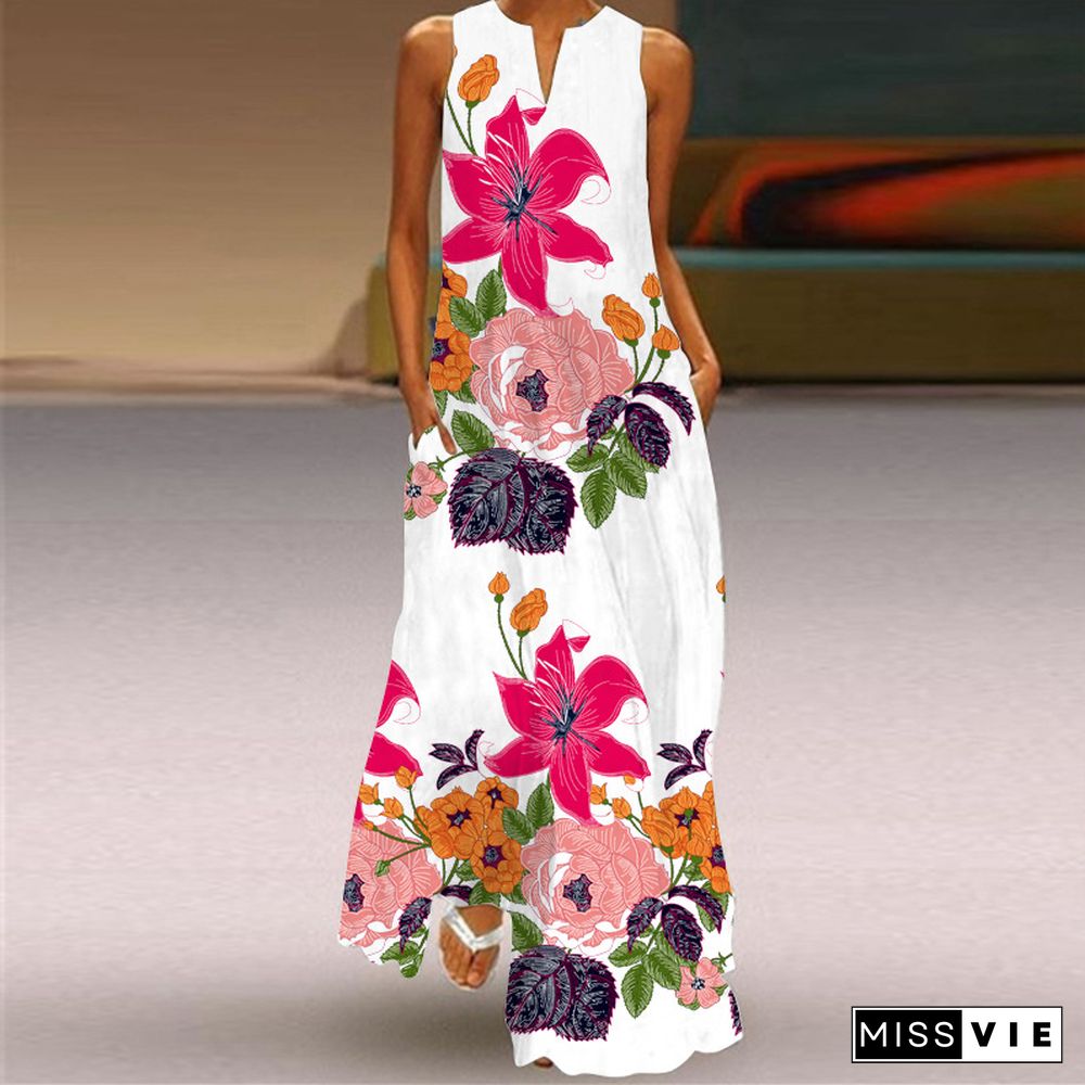 New Fashion Print Summer Dress Casual Sexy Boho Beach Dresses Women Party Dress V-neck Sleeveless Pocket Maxi Dresses