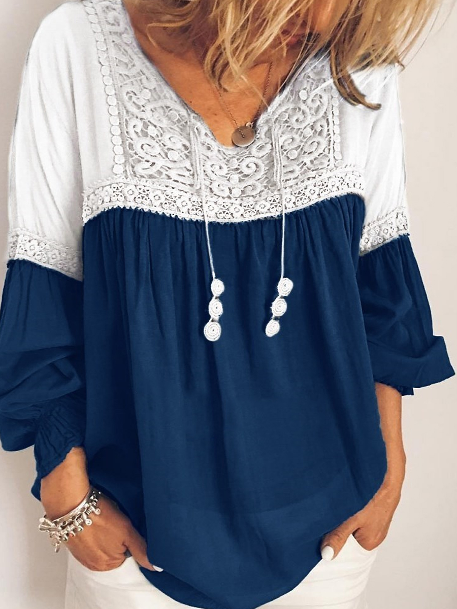 Casual Lace Panel Loose Long Sleeve Shirt