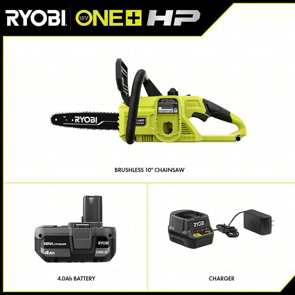 RYOBI ONE+ HP 18V Brushless 10 in. Battery Chainsaw with 4.0 Ah Battery and Charger P2520