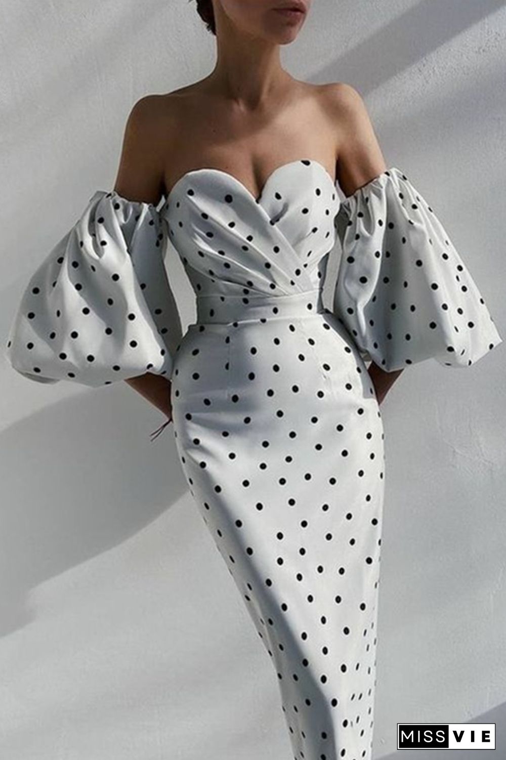 Fashion Elegant Polka Dot Slit Fold Strapless Pencil Skirt Dresses