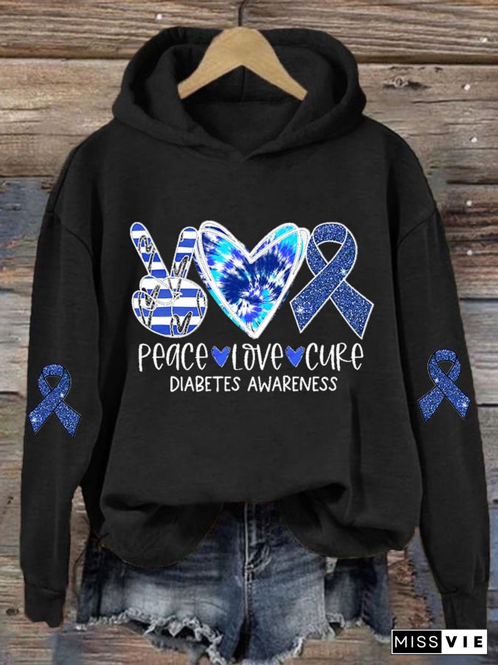 Women's Casual Blue Ribbon Peace Love Cure Printed Long Sleeve Sweatshirt