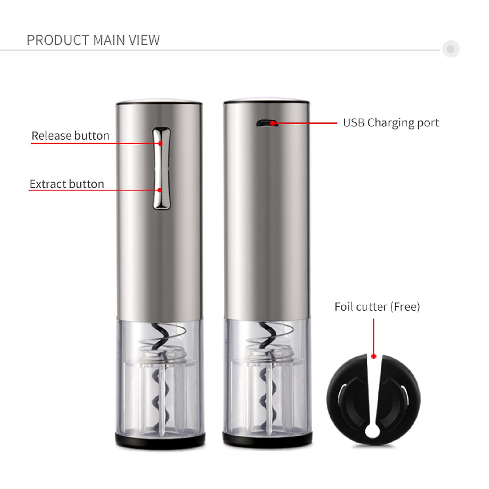 Silver Electric Wine Bottle Opener Kit Rechargeable Automatic Corkscrew Contains Foil Cutter Vacuum Stopper And Wine Aerator Pourer With Usb Charging