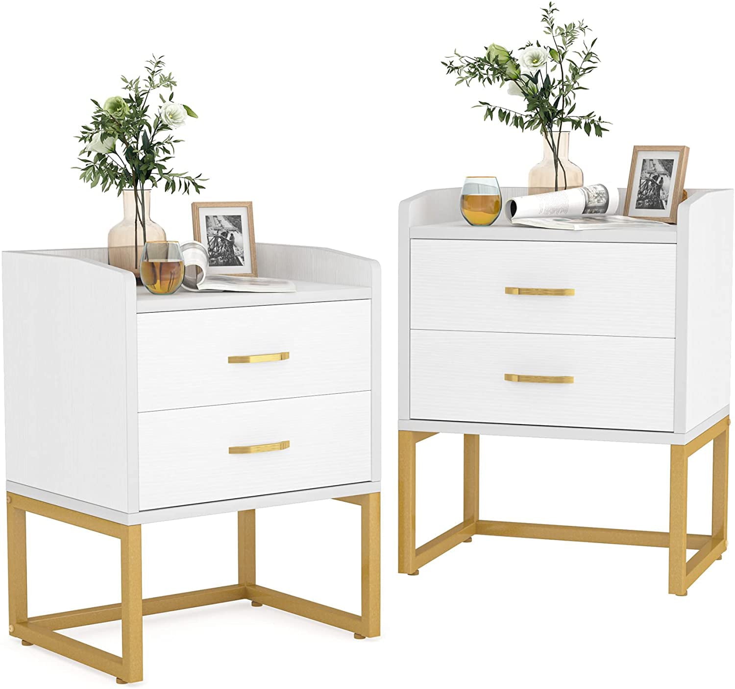 Tribesigns 2 Drawer Nightstand Set of 2, Modern Wood Night Stands Bedside Table for Bedroom, Sofa End Table, White and Gold