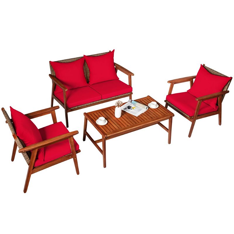 4 Piece  Acacia Wood Patio Rattan Furniture Set