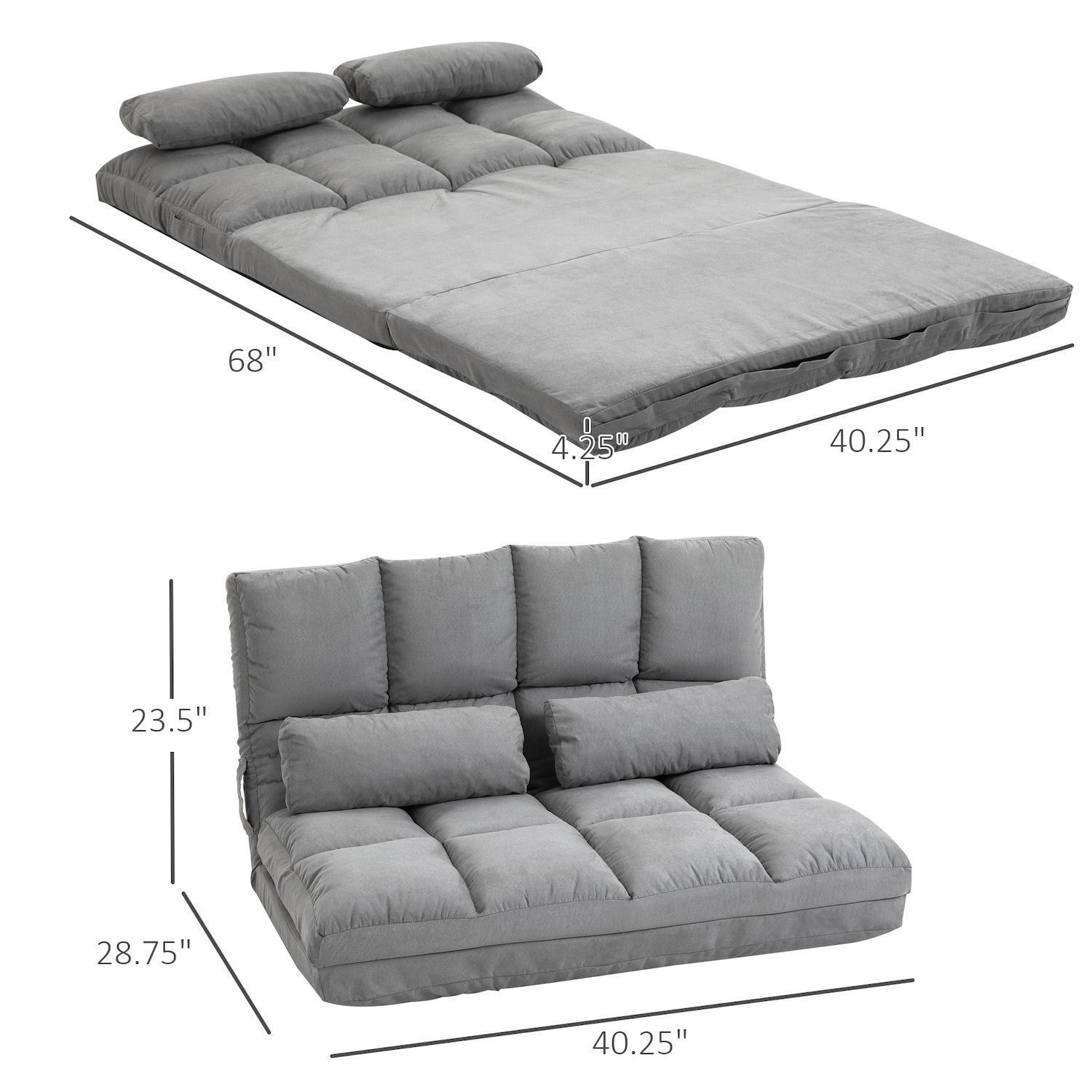 HOMCOM Convertible Floor Sofa Chair Folding Upholstered Couch Bed Adjustable Guest Chaise Lounge with Metal Frame and 2 Pillows Grey