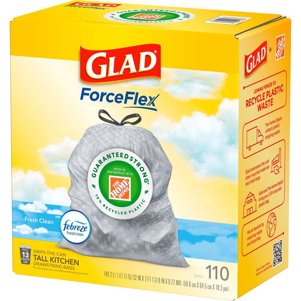 Glad ForceFlex 13 Gal. Tall Kitchen Drawstring Fresh Clean Scent with Febreze Freshness Trash Bags (110-Count) 1258722437